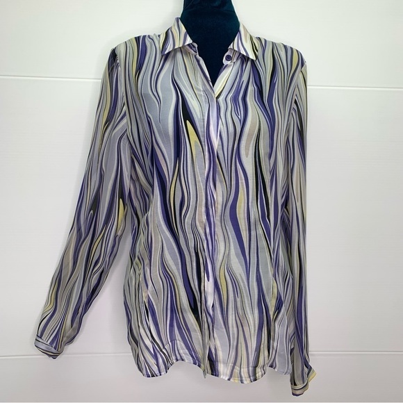 Lafayette 148 New York Silk Blouse Size 4 Purple Wave Long Sleeve Button (Flaw) - Picture 1 of 14